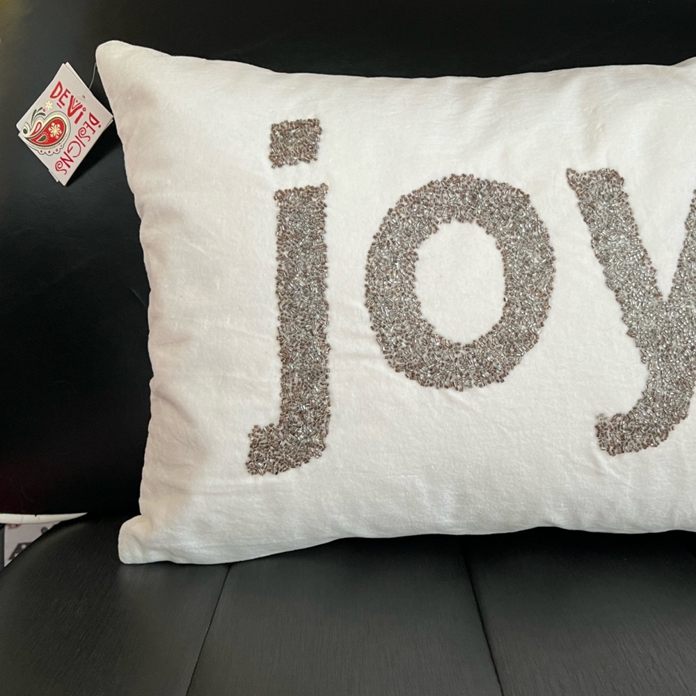 Devi Designs JOY pillow beaded velvet accent neutral ALL COTTON zipper cover NEW